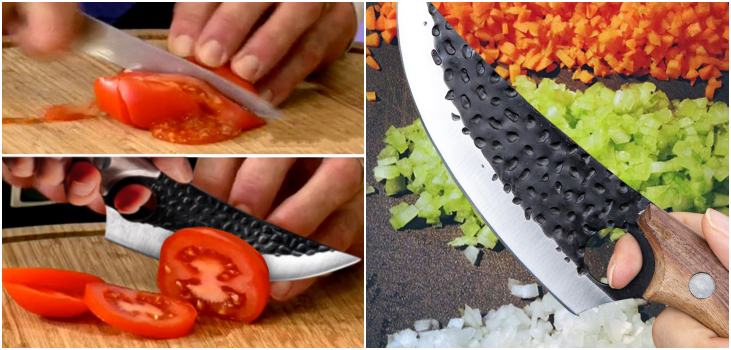 Person using Huusk Knife to cut meat, demonstrating ergonomic design