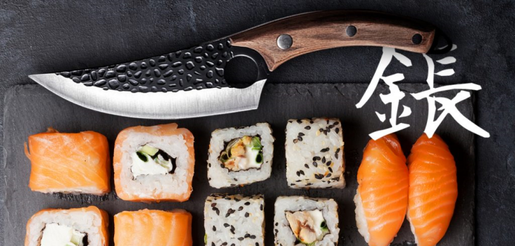Huusk knife above sushi